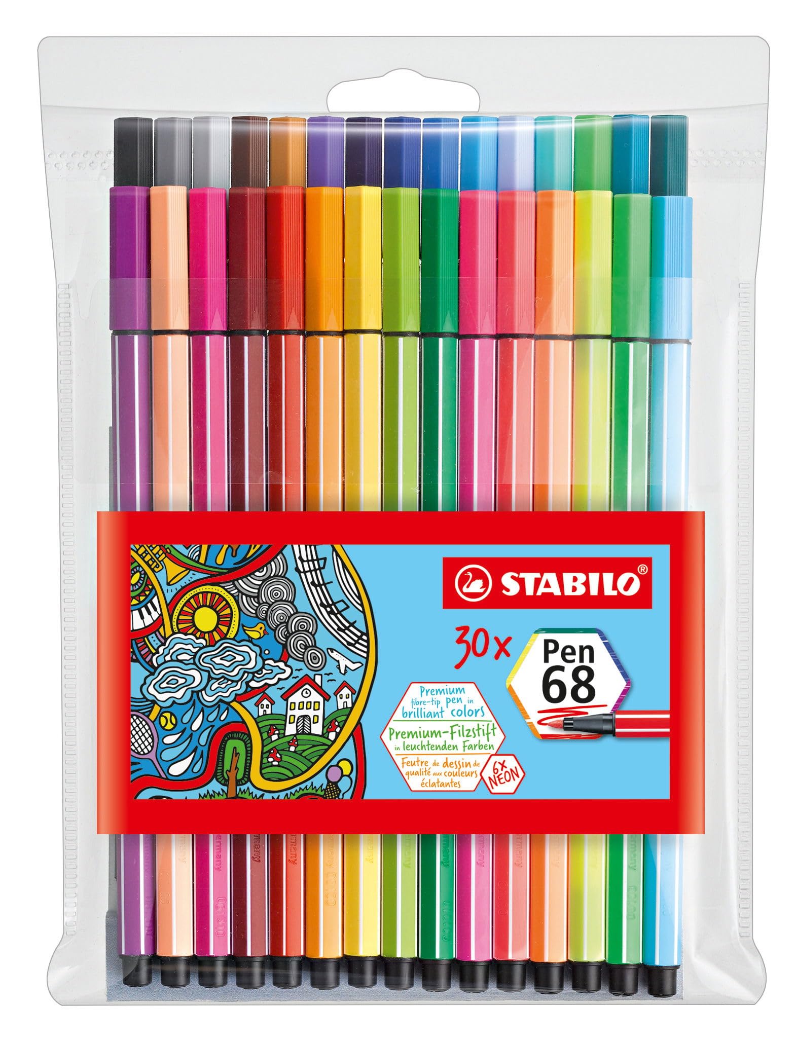 STABILO Pen 68 - Premium Fibre-Tip Pen - Pack of 30 - Assorted Colours including 6 Neon Colours — image 1