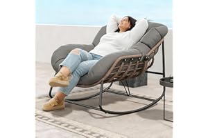 Fancyango Oversized Egg Rocking Chair for Indoor/Outdoor – All-Weather Wicker Rattan Lounge Chair with Cushion, Patio Rocker for Porch, Garden, or Balcony (Grey, 37''Dx37.4''Wx31.5''H)