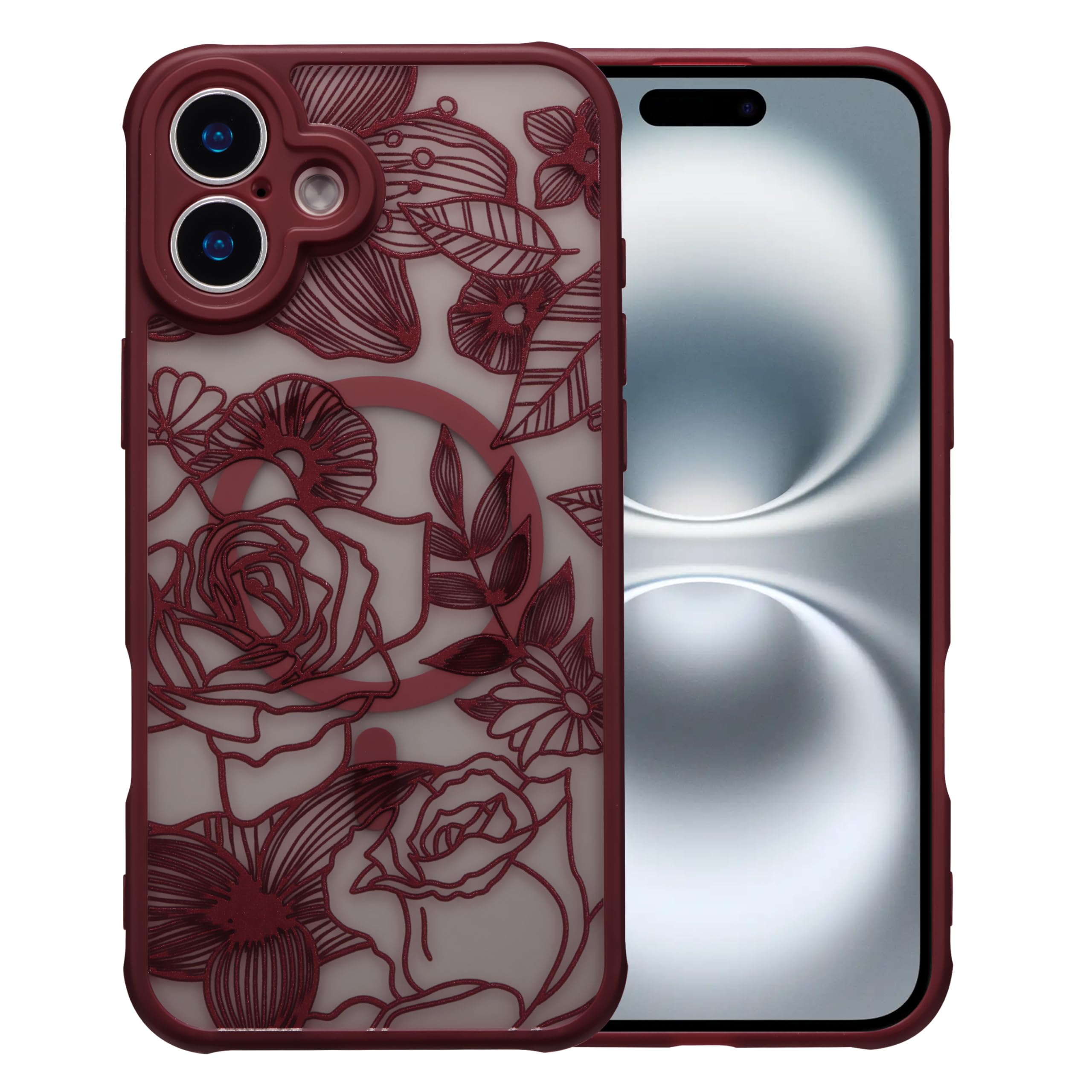Photo 1 of XIZYO Magnetic Case for iPhone 17 Floral Rose Cute Phone Case [Compatible with Magsafe] for Women Girls Aesthetic Pattern Slim TPU Shockproof Bumper Cover, Wine Red
