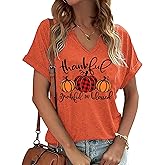 MAMCJHY Womens Halloween Pumpkin V-Neck Shirts Funny Fall Short Sleeve Thanksgiving Casual Graphic Tees