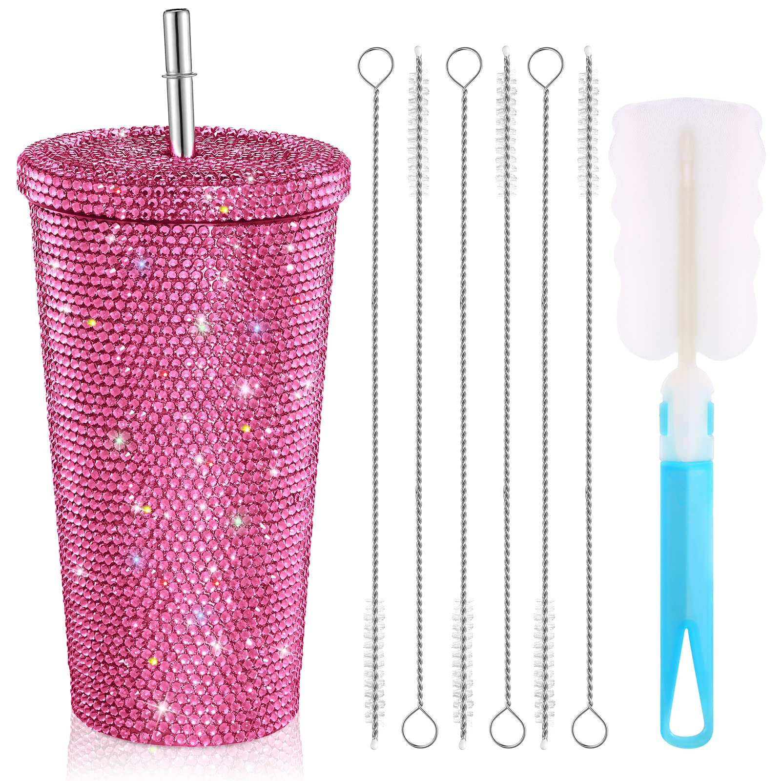 Mimorou 16.9 Oz Bling Diamond Studded Tumbler Glitter Water Bottle Lid Stainless Steel Vacuum Thermal Straw Tumbler Rhinestone Tumbler 1 Pcs Cup Brush 6 Pcs Straw Brushes for Women Girl (Pink)