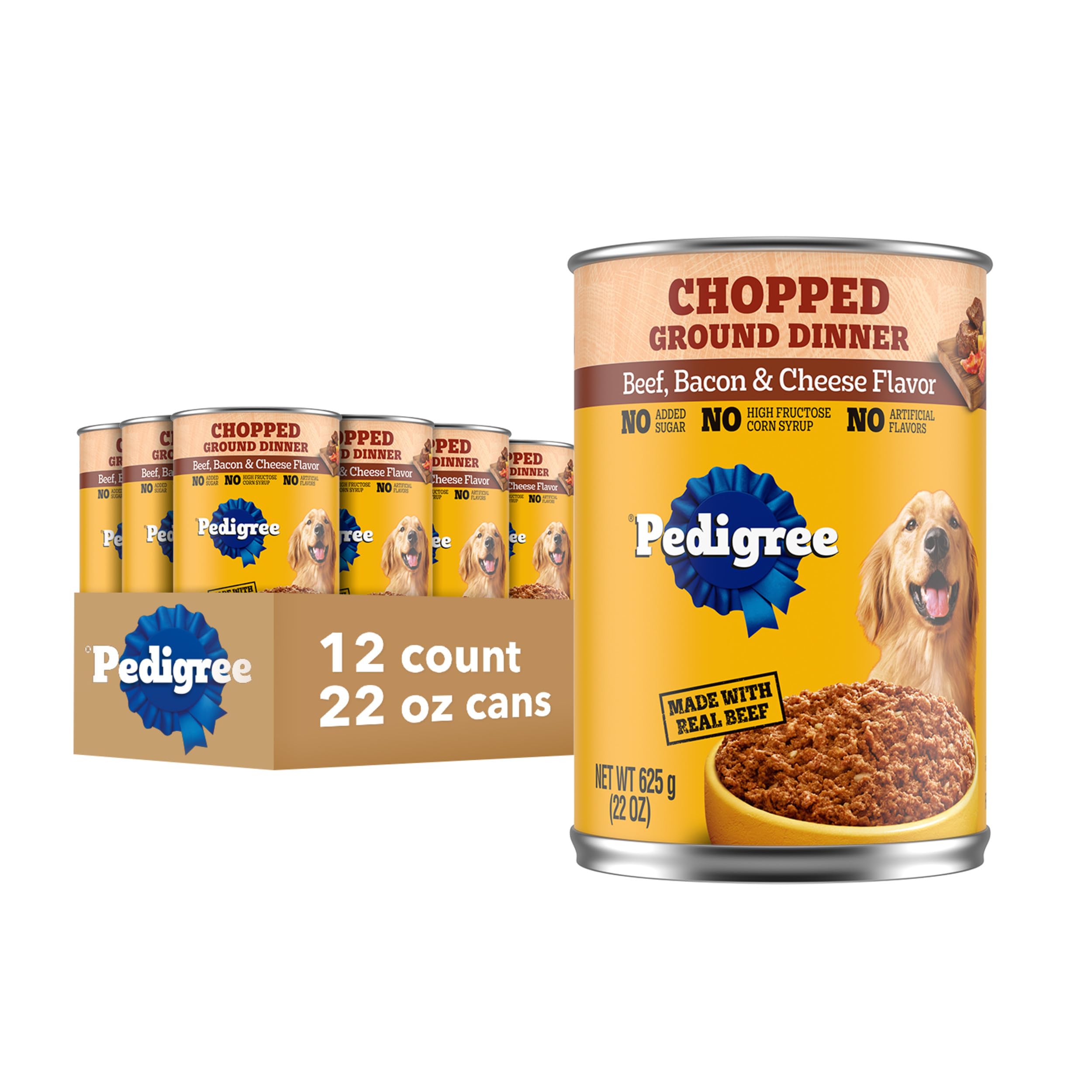 Photo 1 of **CANS ARE DENTED BUT STILL SEALED**Pedigree Chopped Ground Dinner Adult Canned Soft Wet Dog Food, Beef Bacon & Cheese Flavor, 22 oz. Cans (12 Count, Pack of 1)
