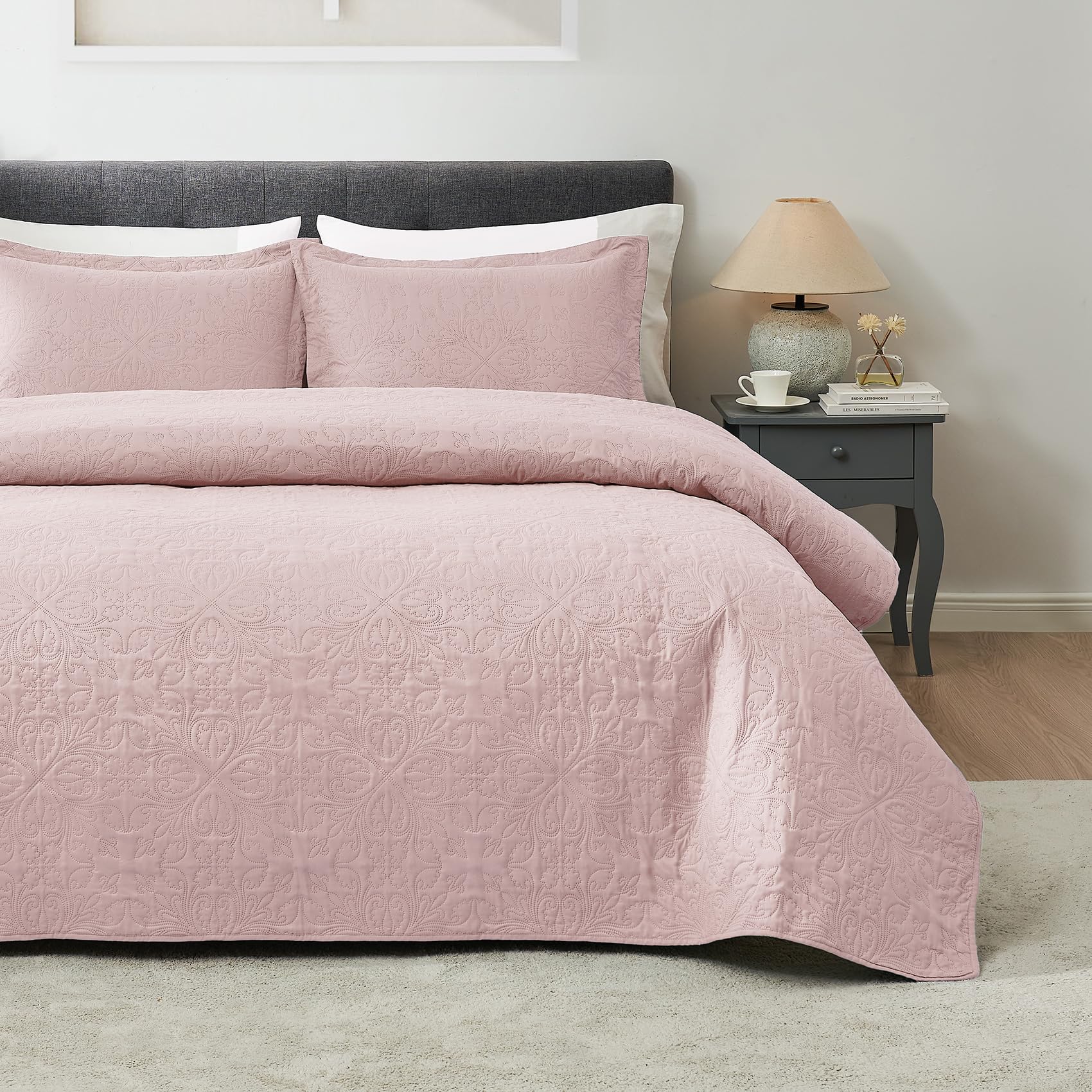 Photo 1 of Hansleep Pink Quilt Queen Size - Baroque Ultrasonic Summer Bedspread Queen, Soft Lightweight Coverlet Bedding Set, 3 Pieces (1 Quilt, 2 Pillow Shams)