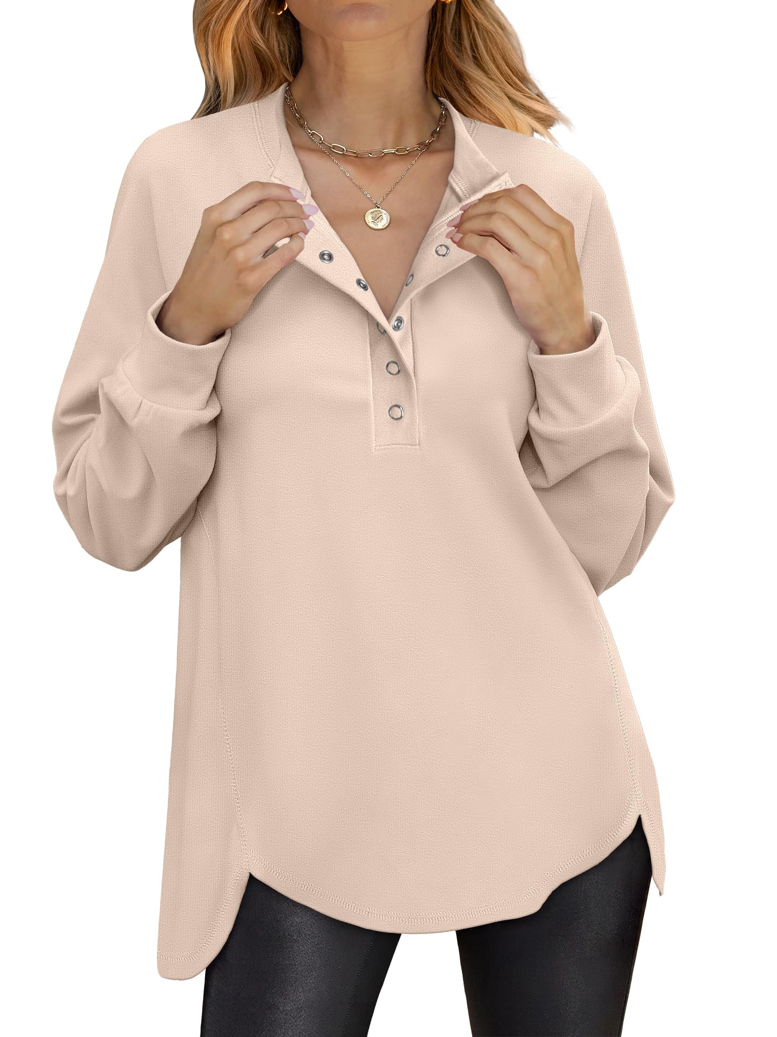Photo 1 of ANRABESS Women's Long Sleeve Henley Tops Tunic Sweatshirt Loose Slit Casual Button Shirts Pullover 2025 Fall Winter Outfits Beige Small