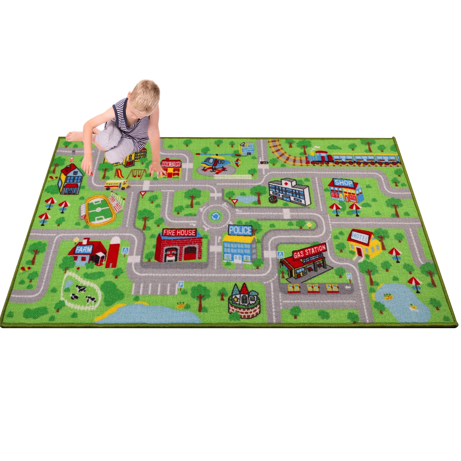 Capslpad Car Mat for Children 80x150cm City Town Roads Kids Play Rug Non-Slip Interactive Playroom Car Play Mat for Toy Cars Washable Educational Kids Rug for Children Room Bedroom Nursery Room Decor