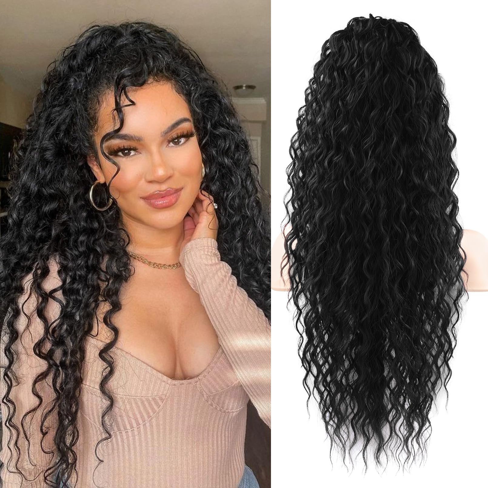 Photo 1 of FLUFYMOOZ Ponytail Extension, 26 Inch Bohemian Style Drawstring Ponytail Hair Extensions for Women, Long Curly Wavy Ponytail Natural Synthetic Hairpiece for Women (26 Inch Natural Black)