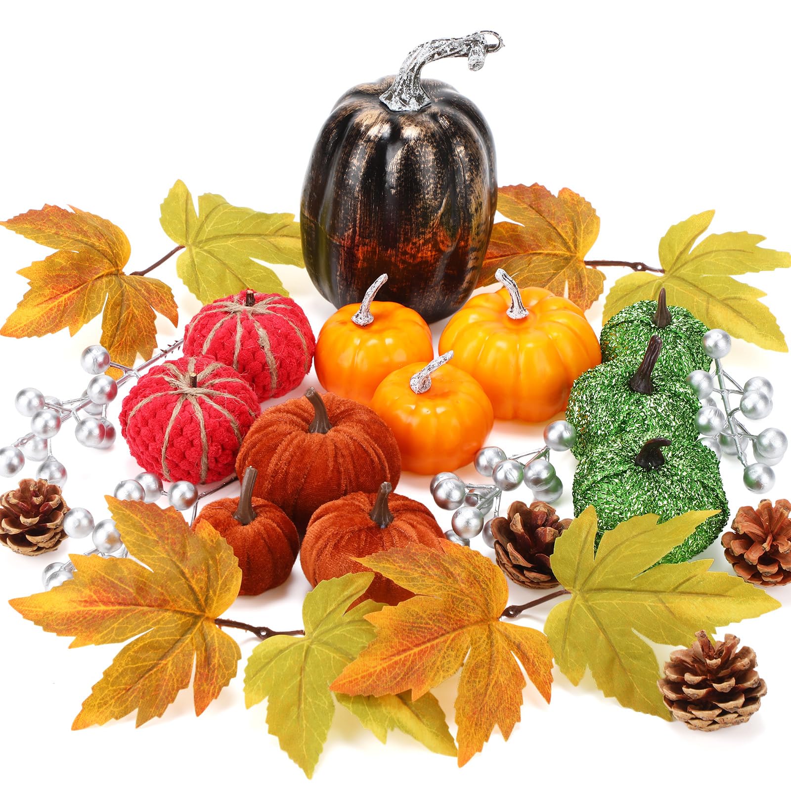 Photo 1 of AceOrbit 24 Pcs Fall Thanksgiving Small Pumpkins Artificial Fake Pumpkins Set with Maple Leaves Pinecones Berry for Decorating Autumn Table Centerpiece Thanksgiving Harvest Home Decorations(Bright)