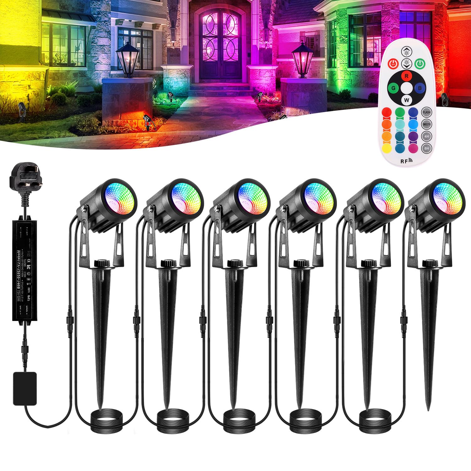GreenClick Garden Spike Lights: Color Changing Garden Lights Mains Powered Waterproof, RGB Outdoor Spotlight Plug-in Outdoor Spotlights, 12V Timer Memory Remote for Wall Yard Landscape Christmas