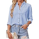 AXUIOKRY Cotton Button Down Shirts Women V Neck Long/Roll Up Sleeve Gauze Texture Casual Tops with Pocket