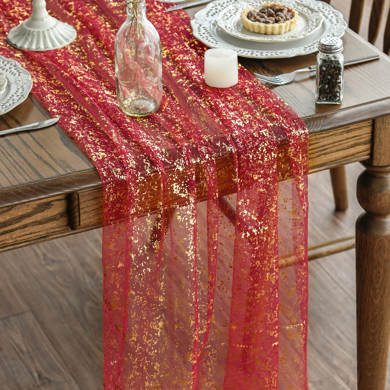Photo 1 of Artoid Mode 6PCS Red Gold Gauze Table Runner 120 Inch 10FT, Glitter Metallic Foil Sheer Dining Wedding Anniversary Holiday Table Decor for Home Party