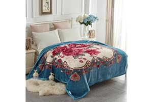 JYK Korean Faux Mink Fleece Blanket, 5 LB - 2 Ply Reversible 520GSM Silky Soft Plush Warm Blanket for Autumn Winter (Queen, Flower/Light Blue)