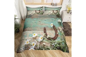 EROSEBRIDAL Rustic Farmhouse Bedding Set Teal Country Wooden Barn Door Duvet Cover King Western Horseshoe Daisy Decor Comforter Cover For Kids Boys Girls Teen Cowboys Cowgirls Quilt Cover With 2 Pillow Cases