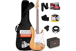 Pyle Electric Guitar and Amp Kit - Full Size 39" Complete Starter Kit with Wearable Bluetooth Amplifier, 1/4” Cable, Carry Case, Strap, Strings, Picks, Cleaning Cloth, ST-Style Pickups (Natural)