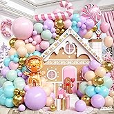 120 PC Pink Christmas Balloon Arch, Gingerbread Balloon Arch, Light Purple Teal Blue Green Ivory White Metallic Gold Balloons Candy Cane Gingerbread Man Foil Balloons for Christmas Party Decoration