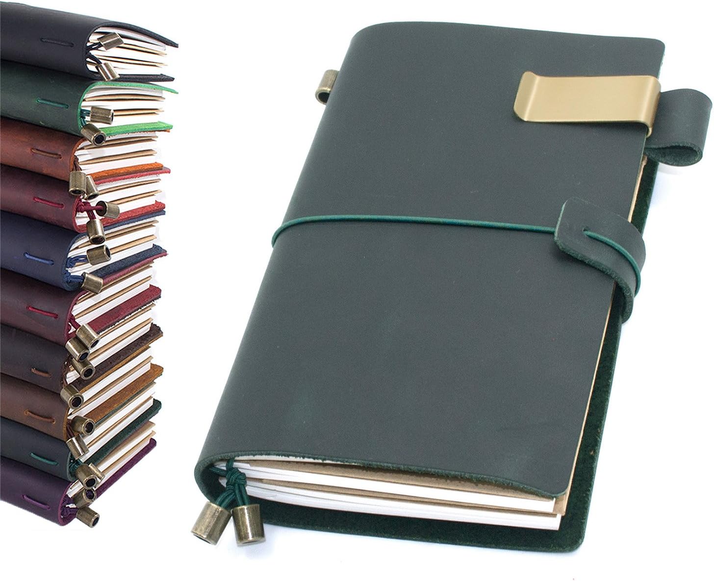 Leather Journal, Handmade Vintage Refillable Travel Diary Writing Notebook Gift for Men & Women 8.7"x4.7" Dark Green