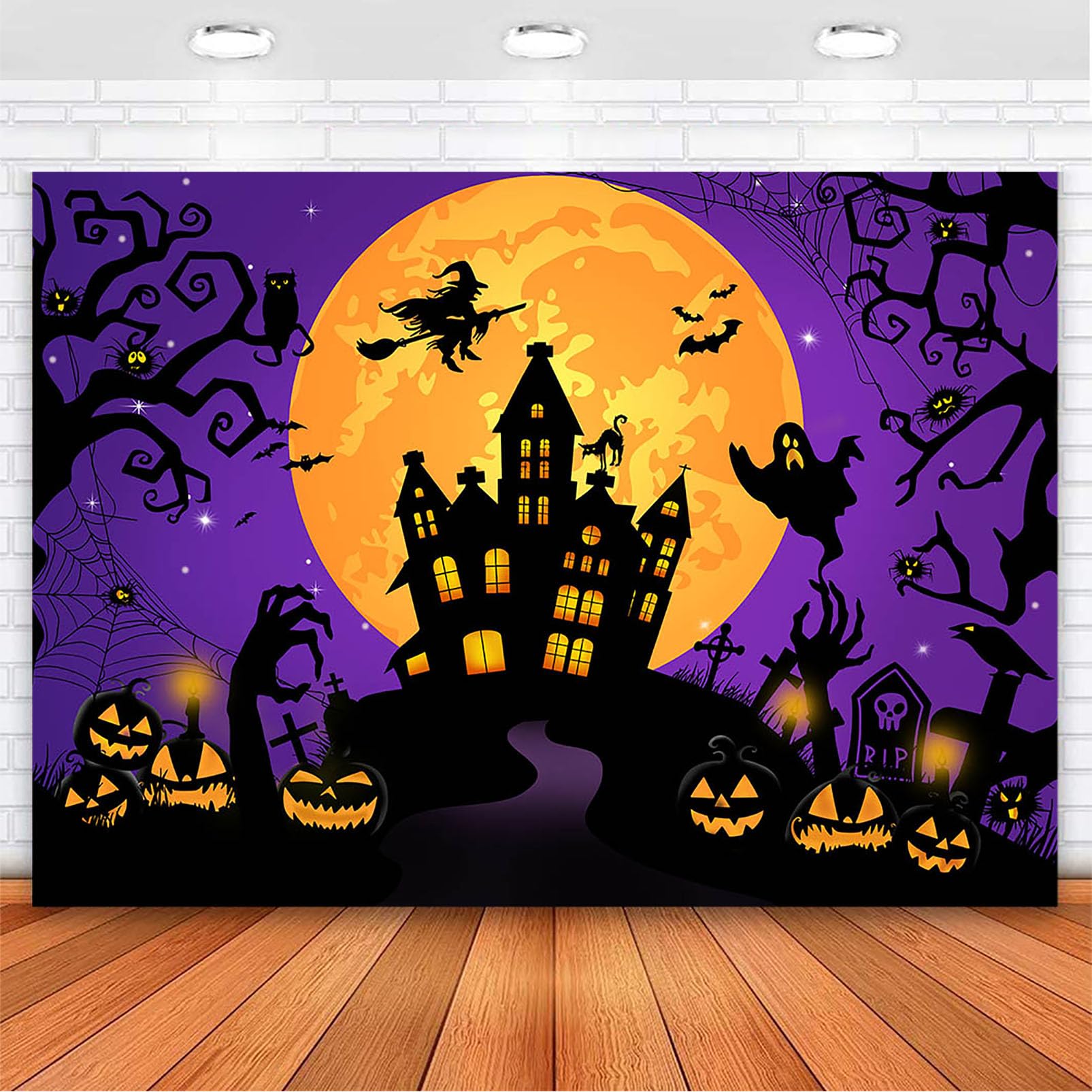 Photo 1 of Avezano Halloween Backdrop Horror Moon Night Halloween Backgrounds for Parties Haunted Castle Scary Party Decoration, Purple 7 x 5