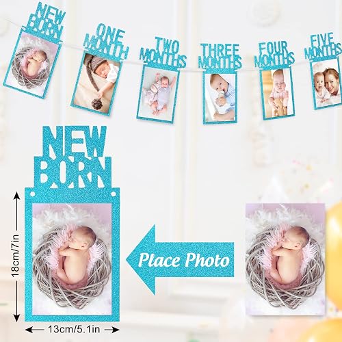 TOYXE 1st Birthday Photo Banner - 12 Month Milestone Garland For Baby Pictures (Blue)