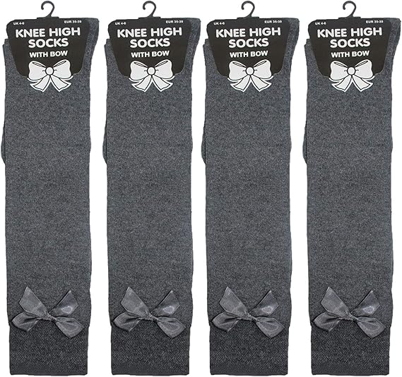 3 Pairs Girls Grey Knee High Socks With Bow Size 46 Ribbons Bows