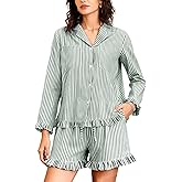 Flygo Womens Striped Pajama Sets 2 Piece Cotton Long Sleeve Tops and Pj Shorts Sets Casual Lounge Button Down Cozy Sleepwear