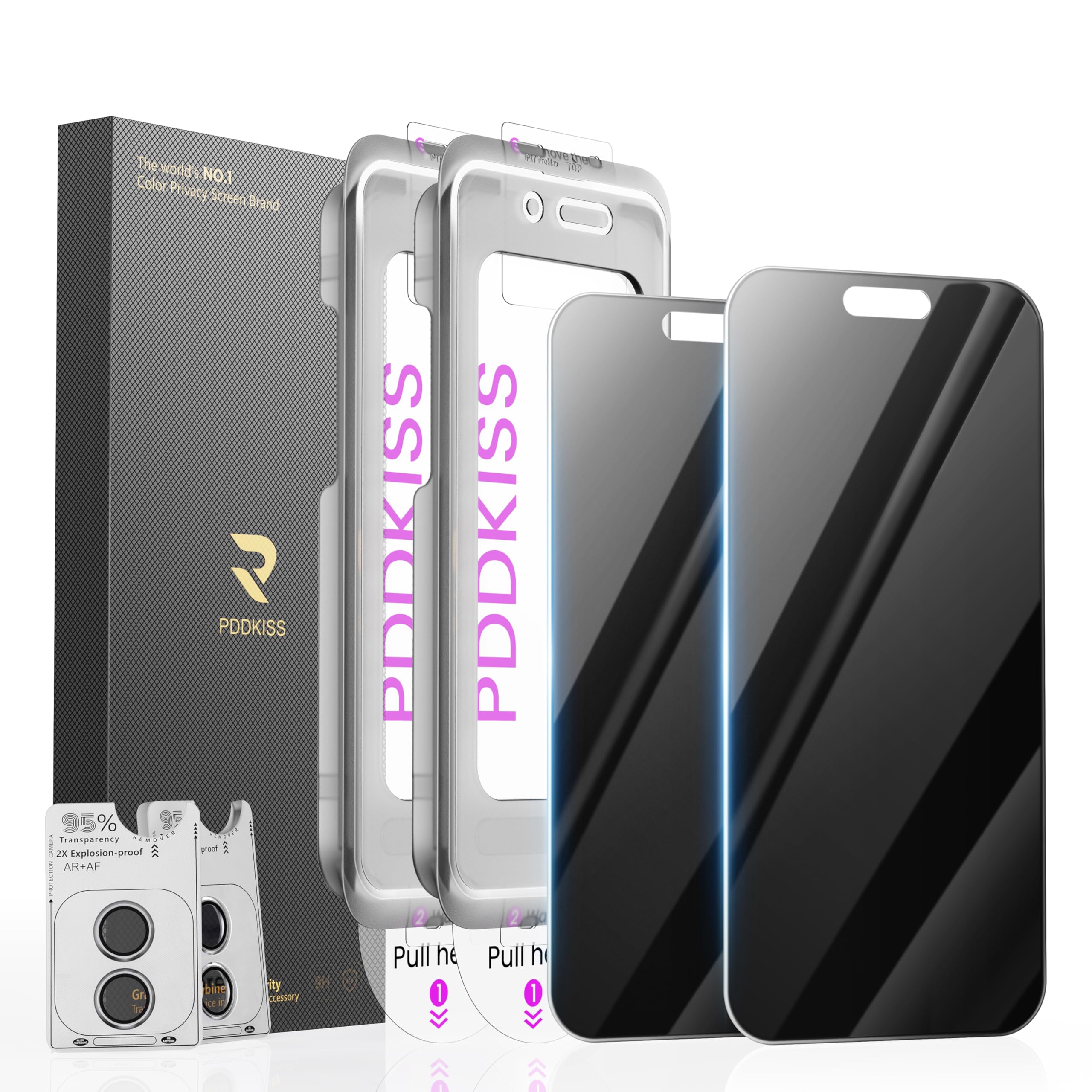 PDDKISS 2 Pack Privacy Screen Protector for iPhone 17 Tempered Glass 6.3 Inch + 2 Pack Lens Protector Anti-Spy Anti-Glare HD Easy Installation
