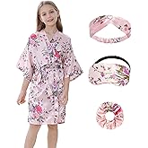 Kids Girls Robes Silky Satin Knee-length Robe Set Birthday Spa Bridal Party Flower Pattern Sleepwear
