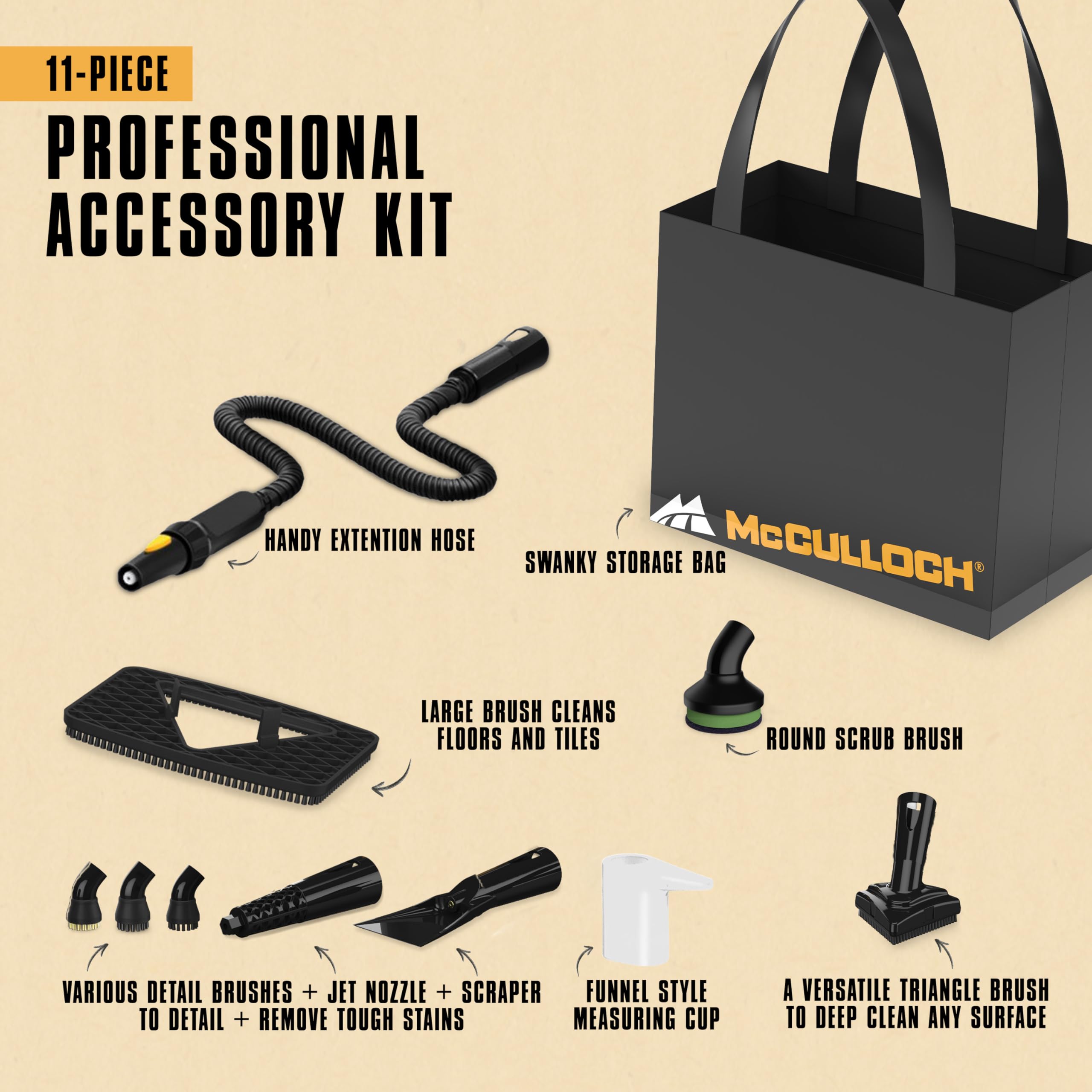McCulloch MC1230 Handheld Steam Cleaner, 10 Minute Runtime, 11 Accessories: Jet Nozzle, Brushes, & More - Built for Home, Tile, Grout, Carpet, Furniture, & Personal Car Detailing