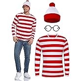 URATOT Adult Men Halloween Costume Sets Red and White Striped Tee Shirt Beanies with Nerd Glasses