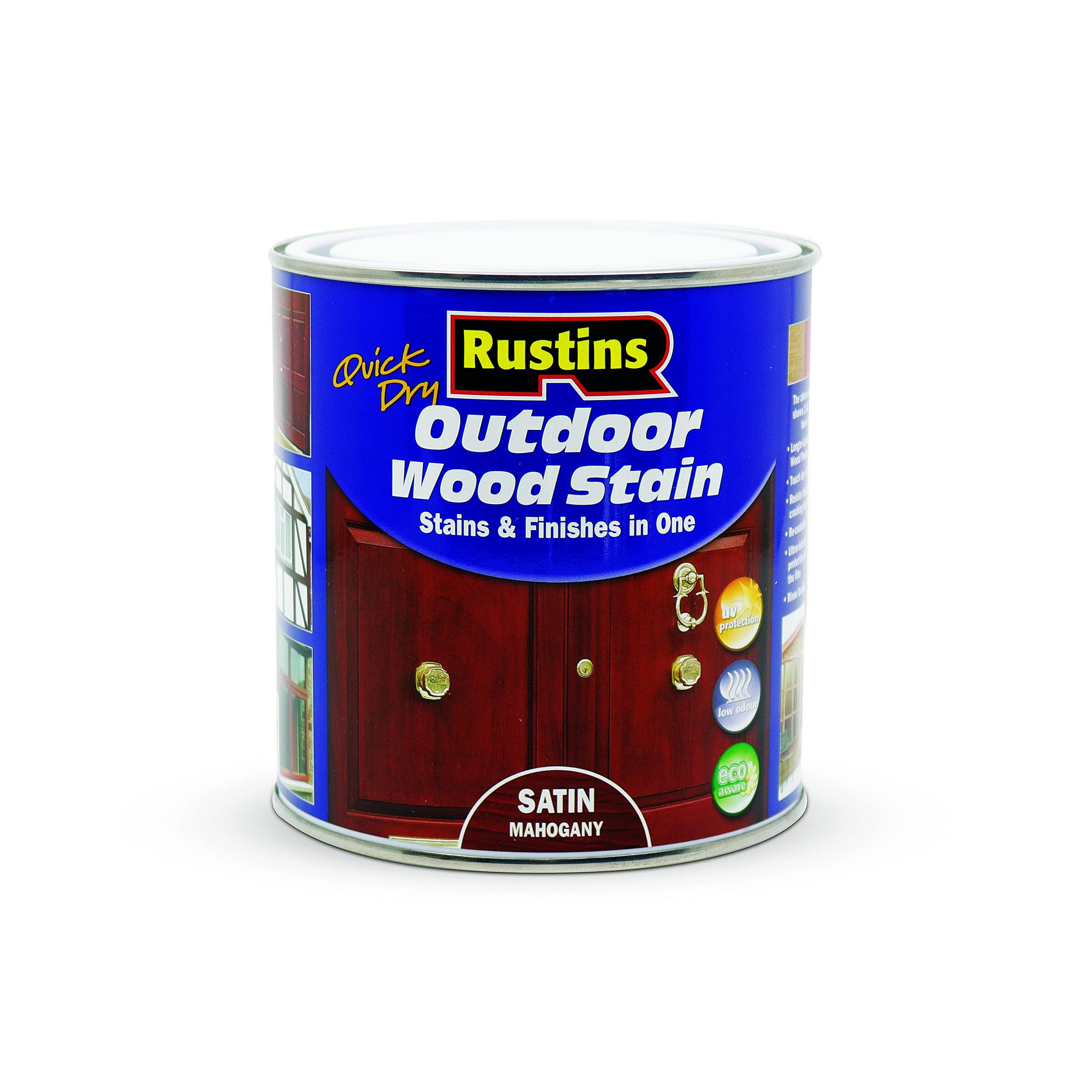 Rustins Quick Dry Outdoor Wood Stain Satin Mahogany 1ltr- Durable and Weather-Resistant Finish, Fast Drying, Vibrant Color for Decks, Fences, & Furniture, Available in Many Wood Shades