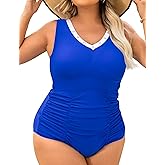 Curvagile Womens Plus Size One Piece Swimsuits Retro Tummy Control Bathing Suit V Neck Color Block Full Coverage Swimwear