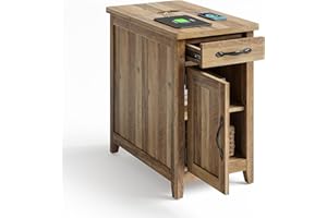 LINSY HOME Farmhouse End Table with Charging Station, Narrow Side Table for Living Room, Sofa Side Table with Drawer and Storage Cabinet, Small Nightstand for Home Office