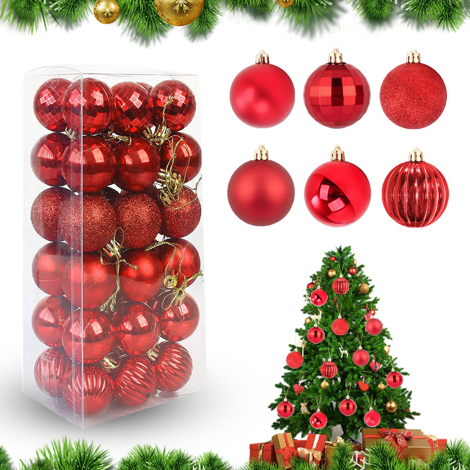 Feliciay 36pcs Christmas Ball Baubles Assorted Pendant Shatterproof Ornament Set Xmas Tree Decorations Hanging Decoration Seasonal Holiday Wedding Party Decorative Pendants (Red, 4 cm)