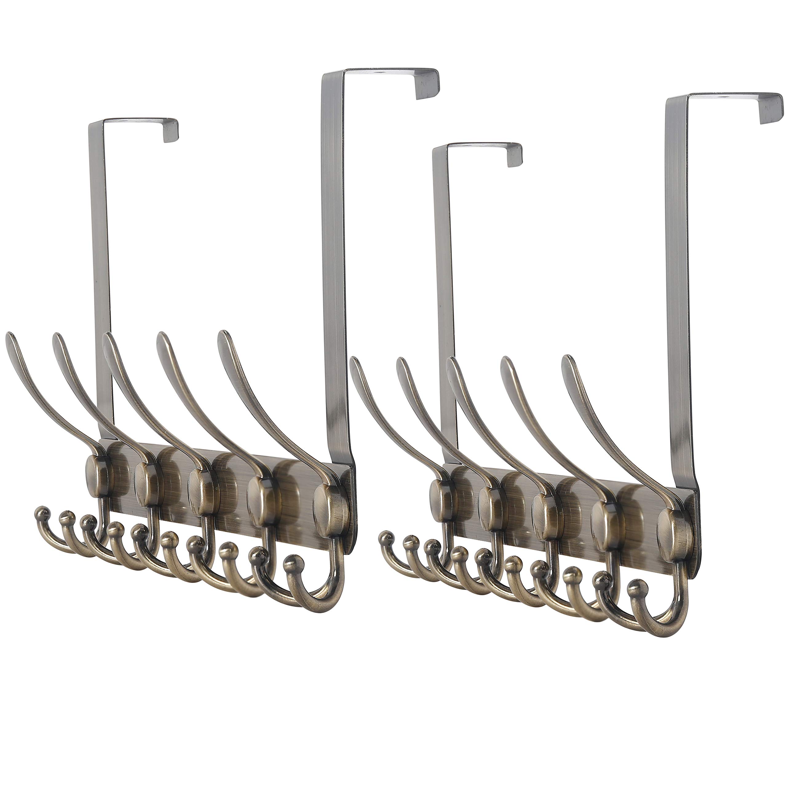Dseap Over The Door Hook Hanger - 5 Tri Hooks, Heavy Duty Over The Door Towel Rack Coat Rack for Clothes Hat Towel, Bronze, 2 Packs