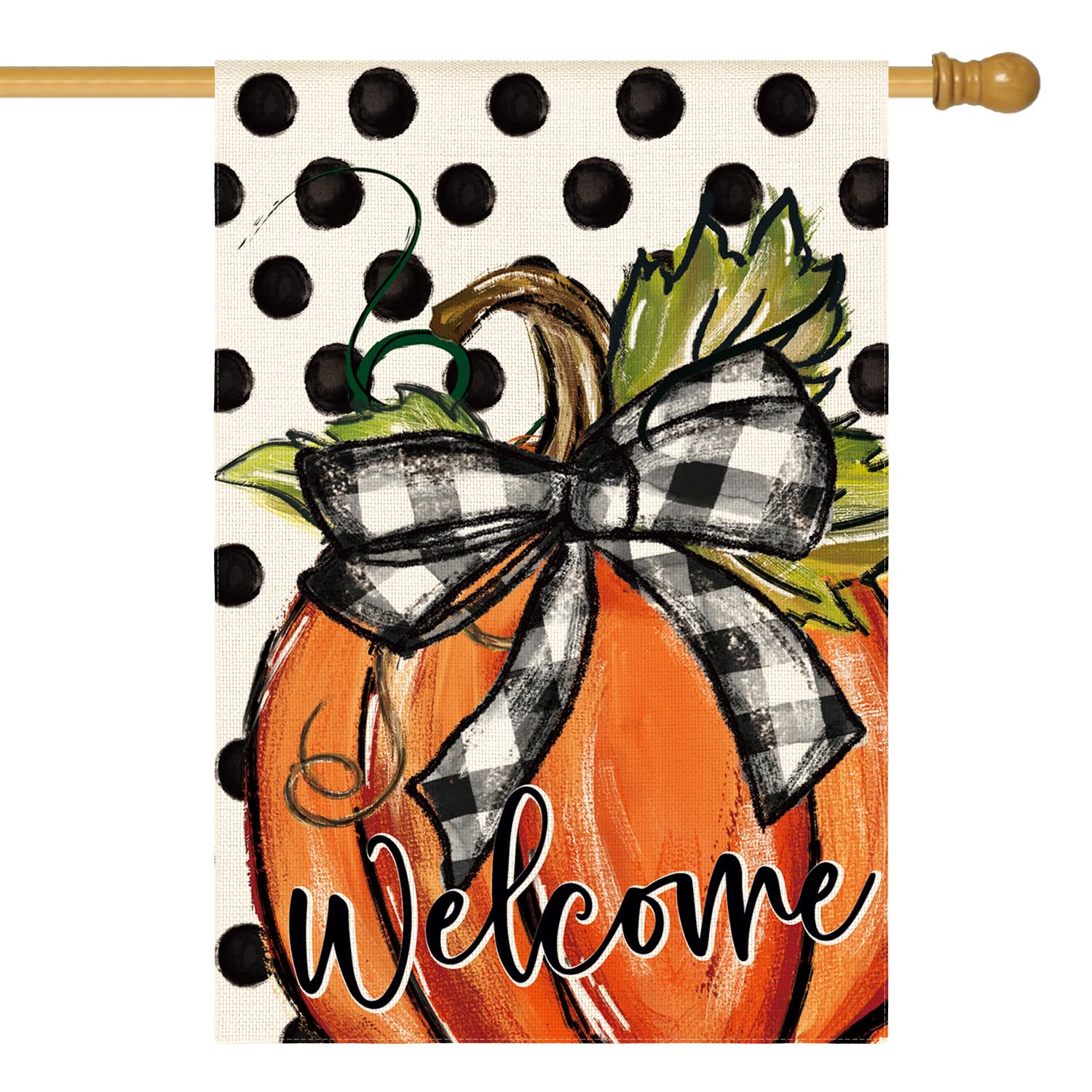 Photo 1 of AVOIN colorlife Fall Welcome Pumpkin House Flag 28x40 Inch Double Sided Outside, Polka Dot Seasonal Thanksgiving Yard Outdoor Decorative Flag