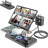 Upgrade Wireless Charging Station with Clock & 7 Color Ambient Light, for iPhone17/16/15 Series, Apple Watch 11 10 9, AirPods 4/3/2, 30W desk wireless charger, Multiple Devices iPad Samsung Stand Dock