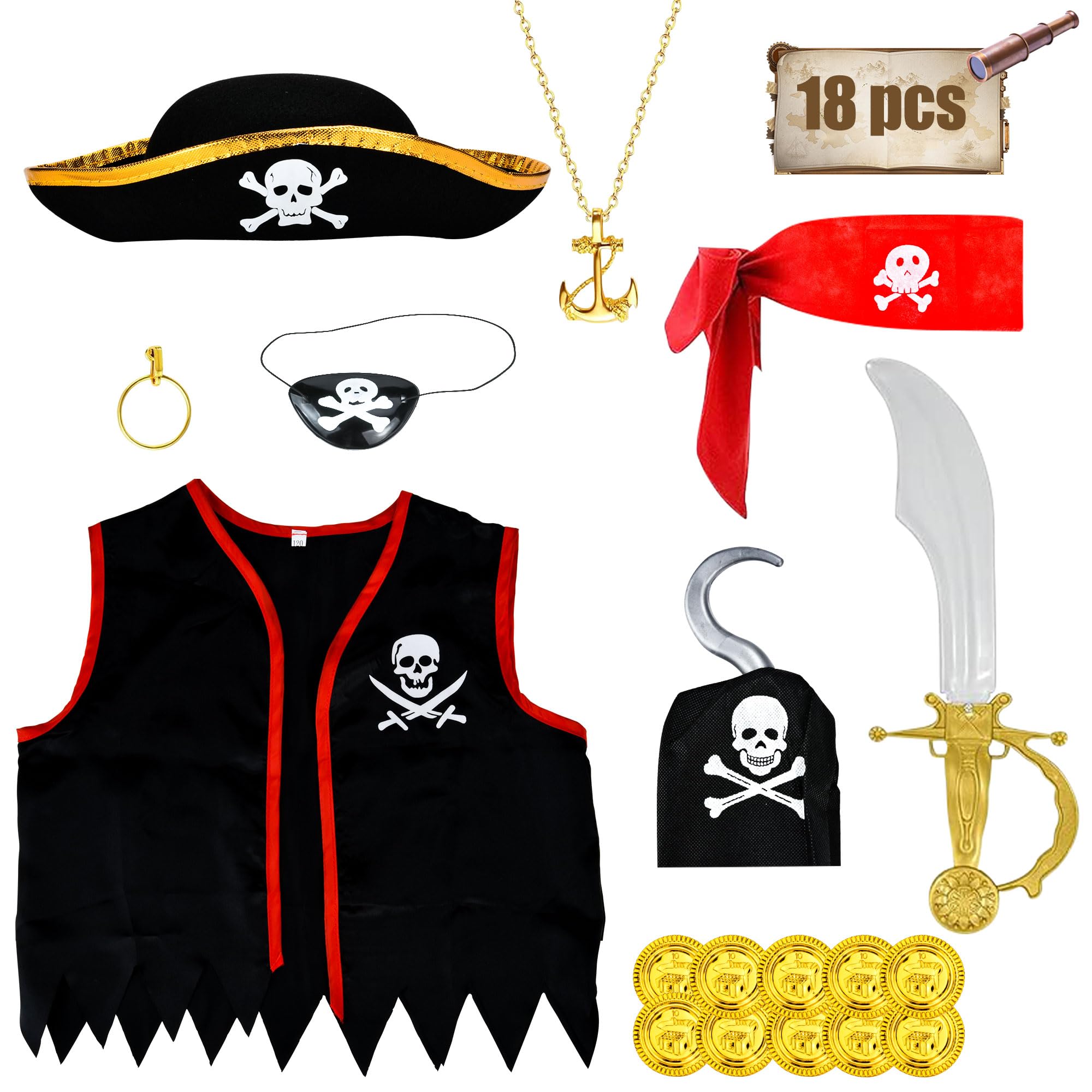 Abitoncc Pirate Accessories Kids Pirate Costume Accessories Kids Boys Girls Hat, Captain Hook, Eye Patch for World Book Day Halloween Costume Child (120)