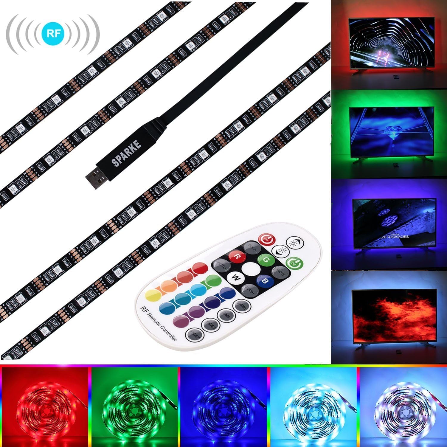 LED Strip Light, Sparke 5050 3m RGB Lighting Strips, TV LED Strips Backlight with 28 Key RF Remote Control for TV Desktop PC