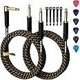 Guitar Cable 6 Feet/2 Pack-Right Angle+Straight to Straight Instrument Cable-Gold Plated Nylon Braided-90 Degree 1/4 Inch TS Electric Bass Guitar Cord Amp Cable 6.35mm Male with 6 Guitar Picks+5 Ties