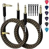 Guitar Cable 4 Feet/2 Pack-Right Angle+Straight to Straight Instrument Cable-Gold Plated Nylon Braided-90 Degree 1/4 Inch TS Electric Bass Guitar Cord Amp Cable 6.35mm Male with 6 Guitar Picks+5 Ties