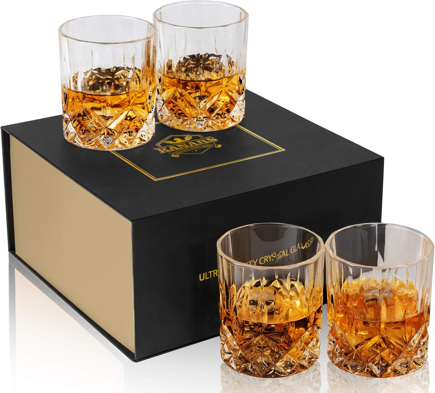 KANARS 4er Set Whisky Gläser, Bleifrei Kristallgläser, Whiskey Glas, 300ml, Schöne Geschenk Box, Hochwertig