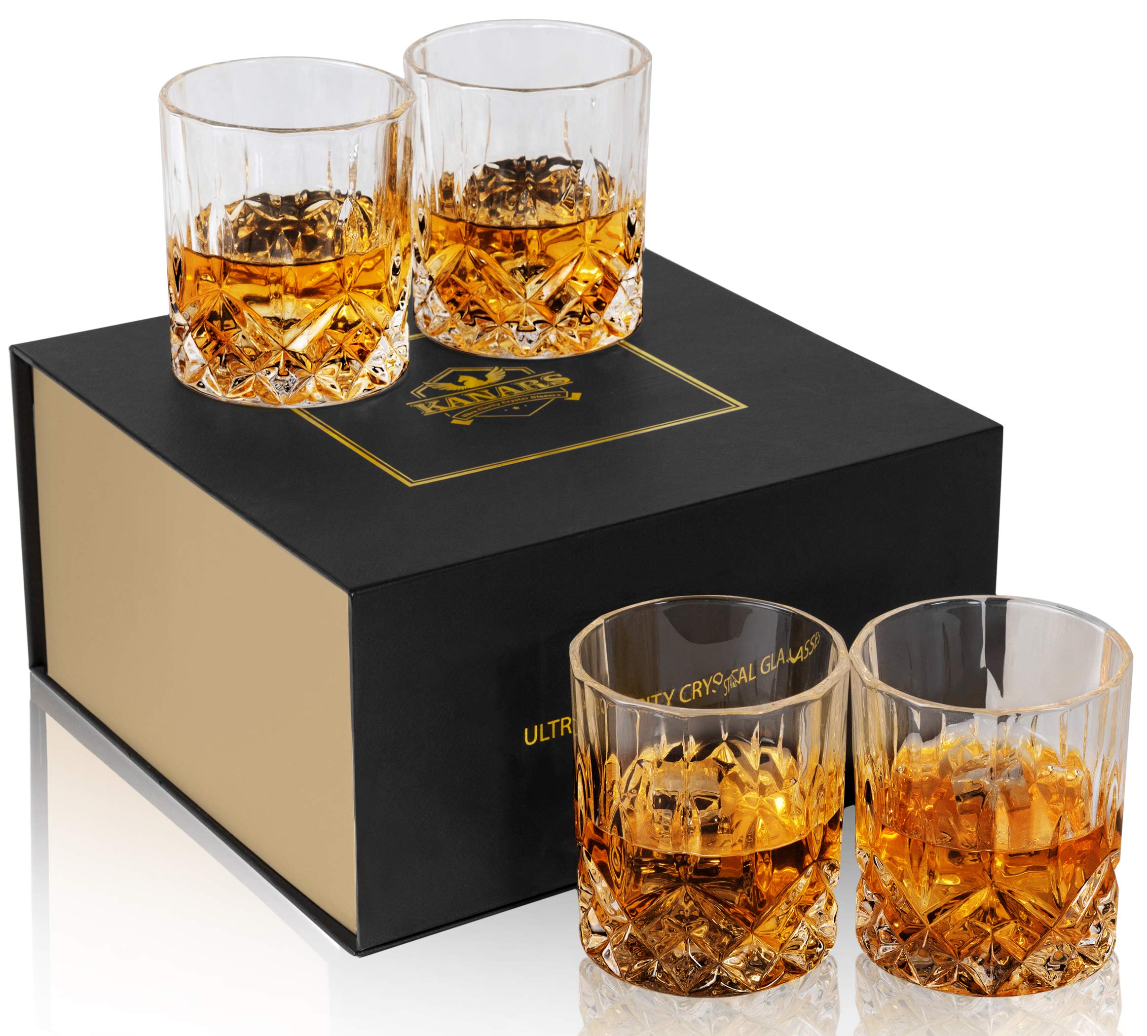 KANARS Whisky Glasses Set, No-Lead Crystal Whiskey Glass for Bourbon, Tequila, Cocktail, Cognac, Martini, Unique Stylish Gift Box, Set of 4, 300 ml