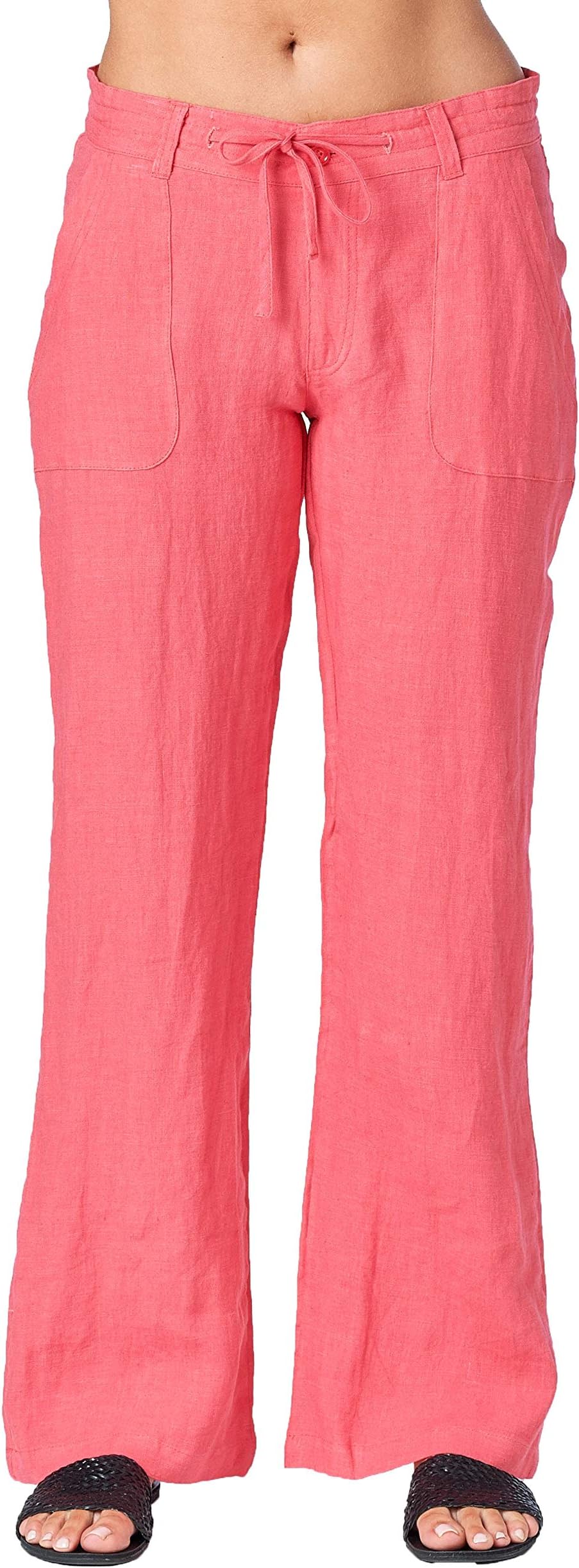 Mariyaab Women's Button Closure Wide Leg 100% Linen Pants with Drawstring Waist