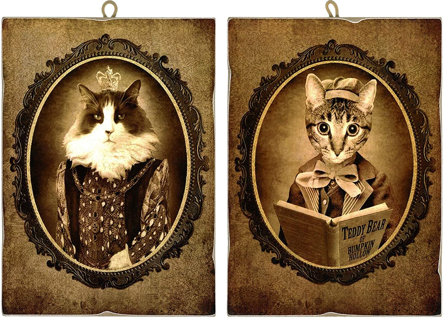 KUSTOM ART Set of 2 Vintage Style Paintings Series Animals Aristocratic Cats Print on Wood 40X30 cm