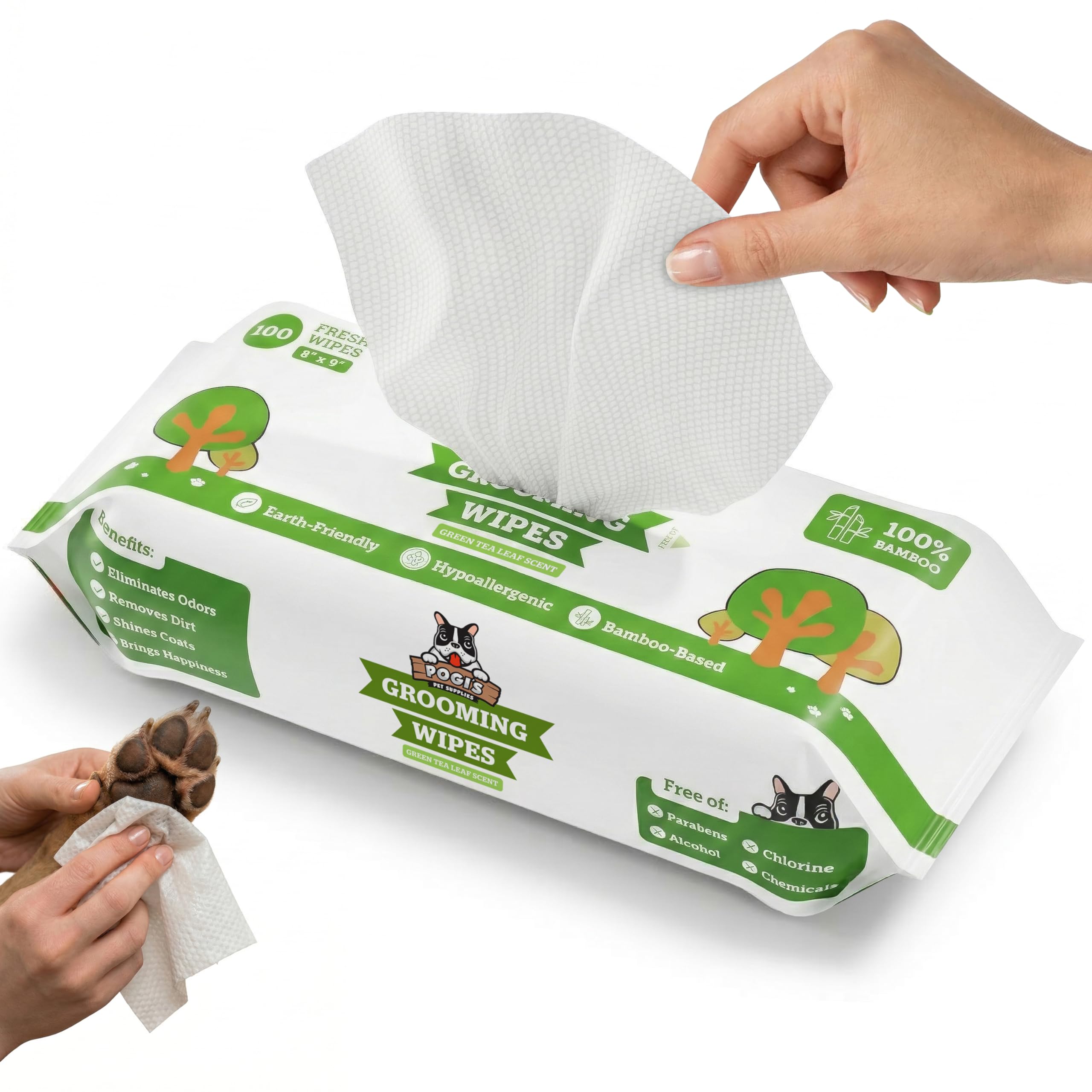 Pogi’s Dog Wipes – Plant-Based, Hypoallergenic Wipes for Dogs and Puppies – Green Tea Scented, 100-Count