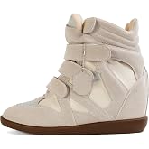 WJZDSJCO Wedge Sneakers for Women Heels Suede Hook and Loop High Heel Tennis Round Toe Triple Strappy Band Casual Vintage Fashion Dressy Comfy Campus Trendy Retro Sneaker