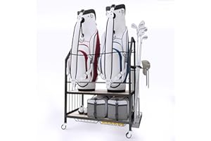 FLYJOE Golf Bag Organizer Storage Golf Bag Rack for Two Golf Bags with Clubs Holder and Golf Equipment Accessories Movable Lockable Wheels for Garage