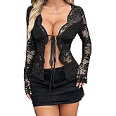 KWSTAIN Lace Tops for Women Long Sleeve Dressy Going Out Sexy Sheer Summer Floral Lace Tie Front Corset Crop Blouses Shirts