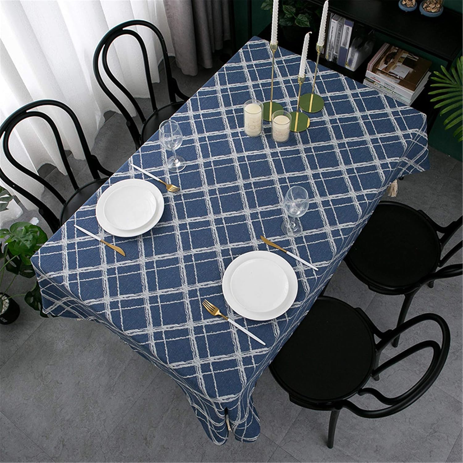 Blue Retro Polyester Cotton And Linen Tablecloths, 2 Pieces