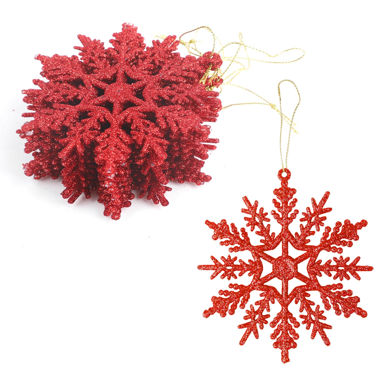 VEYLIN Christmas Hanging Decorations, 12PCS Glitter Snowflake Ornaments for Trees (Red)