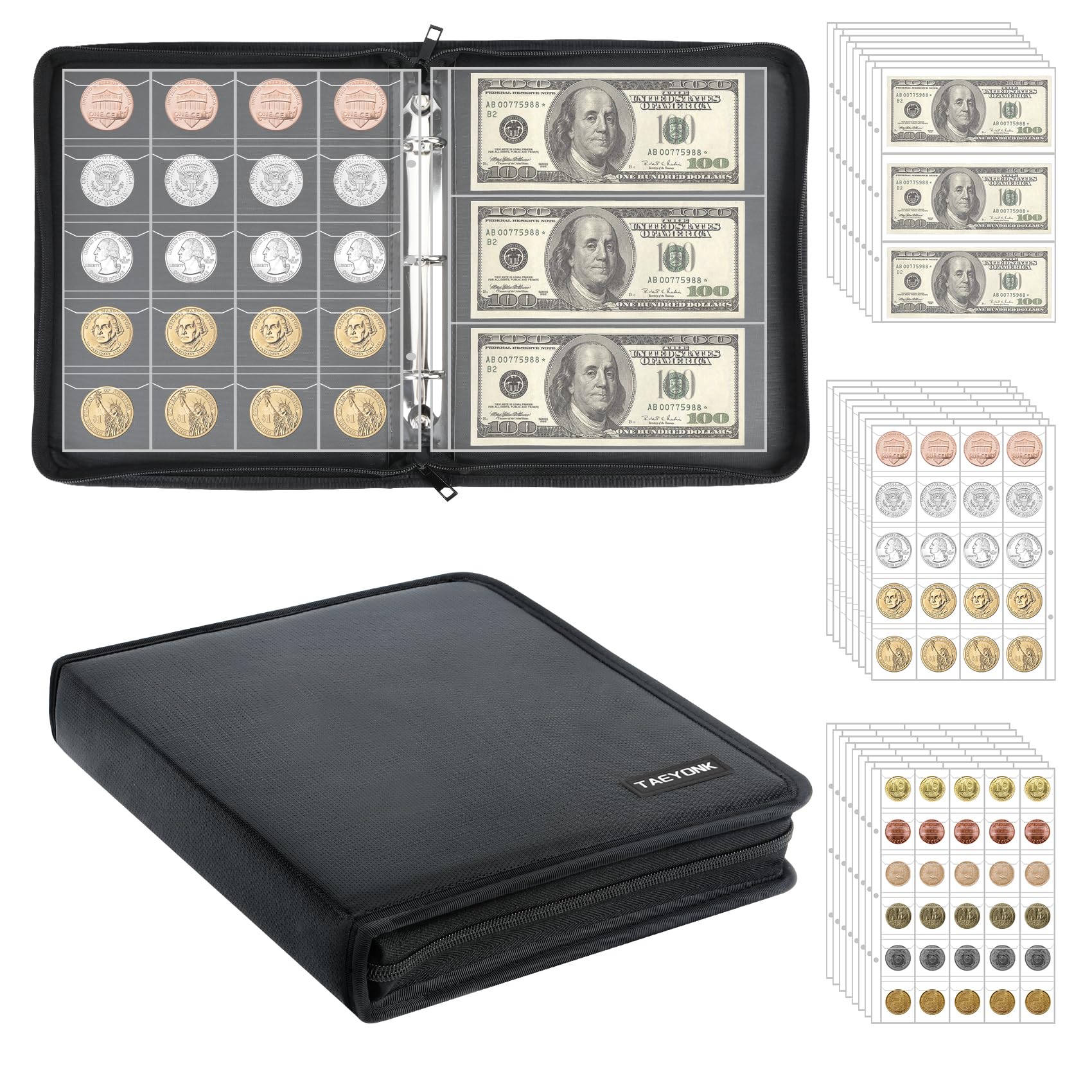 Photo 1 of Coin Collection Book Holder for Collectors, 520 Pockets Fireproof Coins Collecting Album & 36 Sleeves Money Storage Case for Coin Currency Collection Supplies, Bill, Pennies, Quarters, Stamp