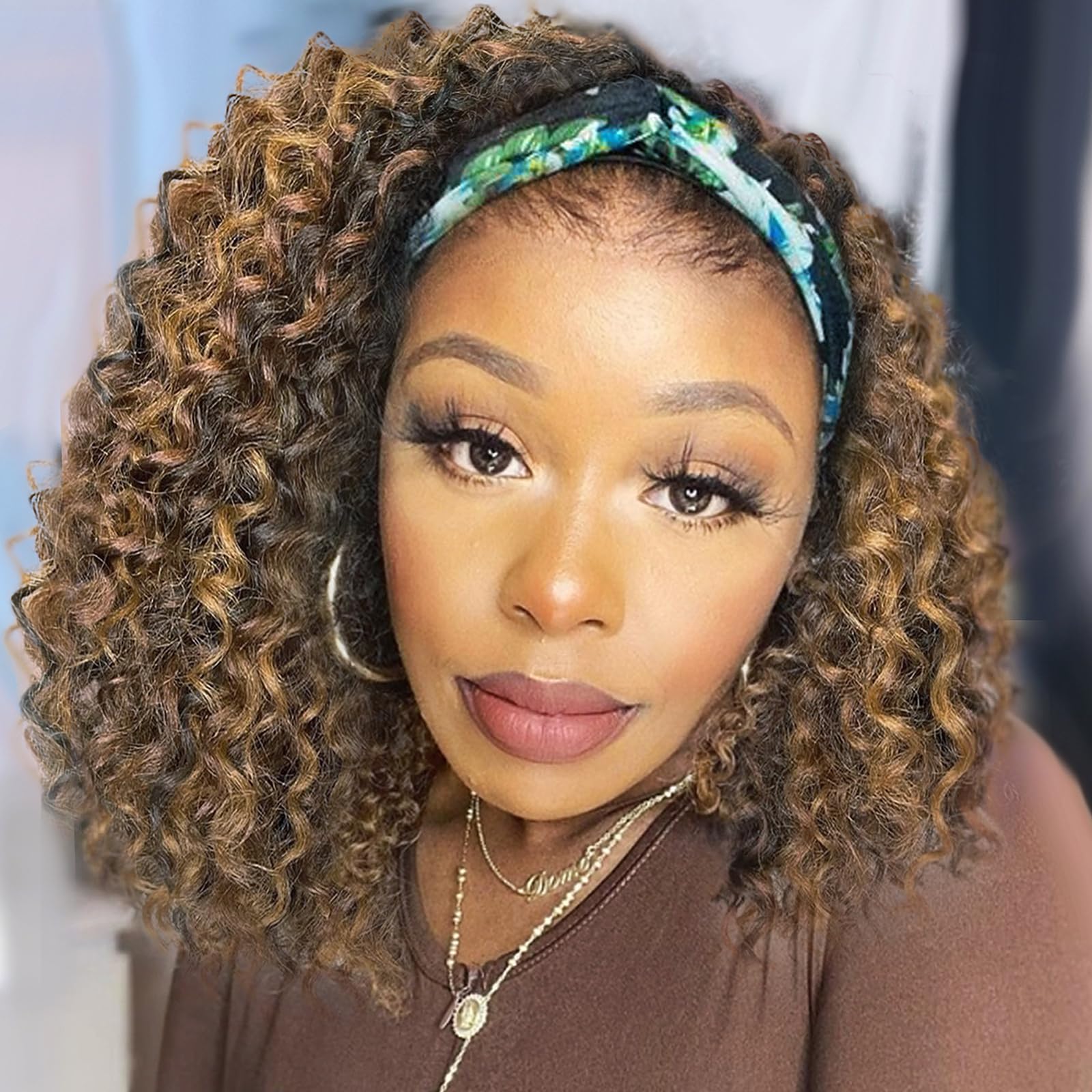 Photo 1 of Headband Wig 14 Inch Kinky Curly Headband Wigs for Black Women Glueless No Lace Front Wig Deep Curly Half Hair Wigs Chocolate Brown with Blonde